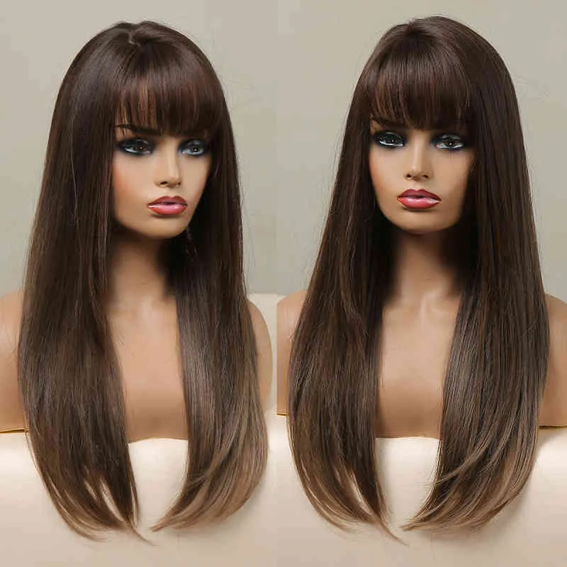 Uzun düz sentetik peruk kadınlar için patlama ile koyu siyah kahverengi katmanlı peruklar sarışın doğal saç cosplay ısıya dayanıklı 220622