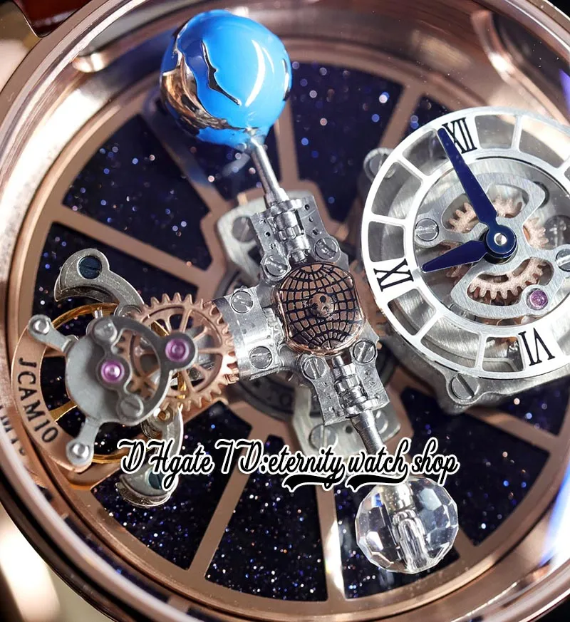 BZF Astronomia Tourbillon Reloj de cuarzo suizo para hombre Caja de acero inoxidable 316L Sky Skeleton 3D Globe Dial no gira Marrón Lea274r