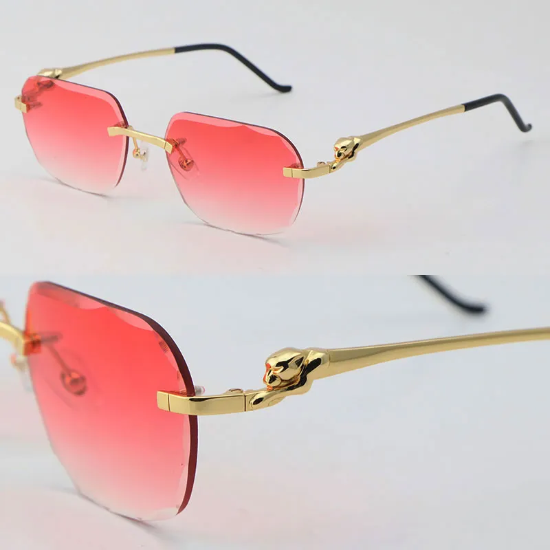 Ny Luxury Diamond Cut Lens Rimless Leopard Series Solglasögon Män kvinnor Rostfria solglasögon Rockar Wire 18K Gold Frame Round Glas296L