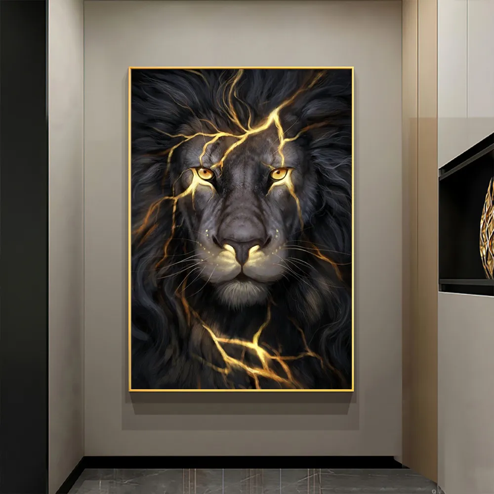 Wall Art Posters Zwart en Golden Light Lion Canvas schilderen Modern Animal Picture for Living Room Home Decoratie geen frame