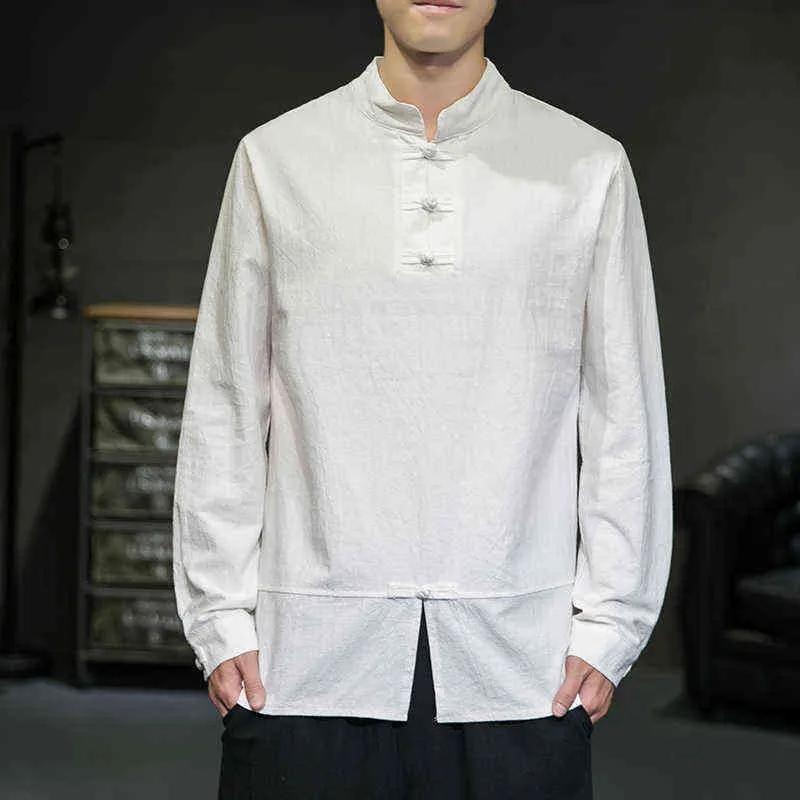 2022年春の秋の男性ルーズソリッドカラーリネンTシャツ男性ヴィンテージ長袖Tee Tee Male Stand Collar白いTシャツM-5XL L220706
