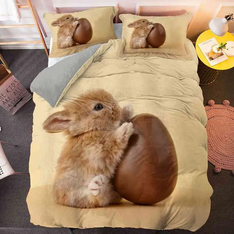 Cute Rabbit Bedding Set Duvet Cover Zipper Closure Single Double Queen King Size Comforter Covers