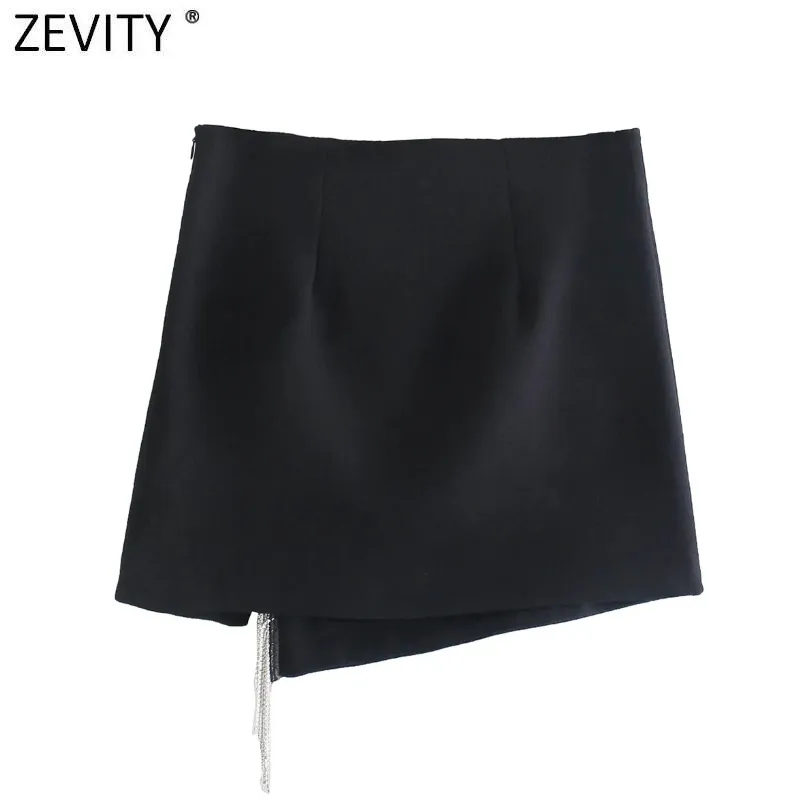 Zevity Women High Street人工宝石のタッセル装飾ミニスカートファルダムハヤレディシックサイドジッパースリムvestidos QUN925 220401