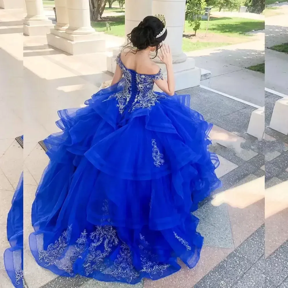 New Royal Blue Sweet 16 Ball Gown Quinceanera Dresses Beaded Off Shoulder Vestido De 15 Anos Quinceanera 2022