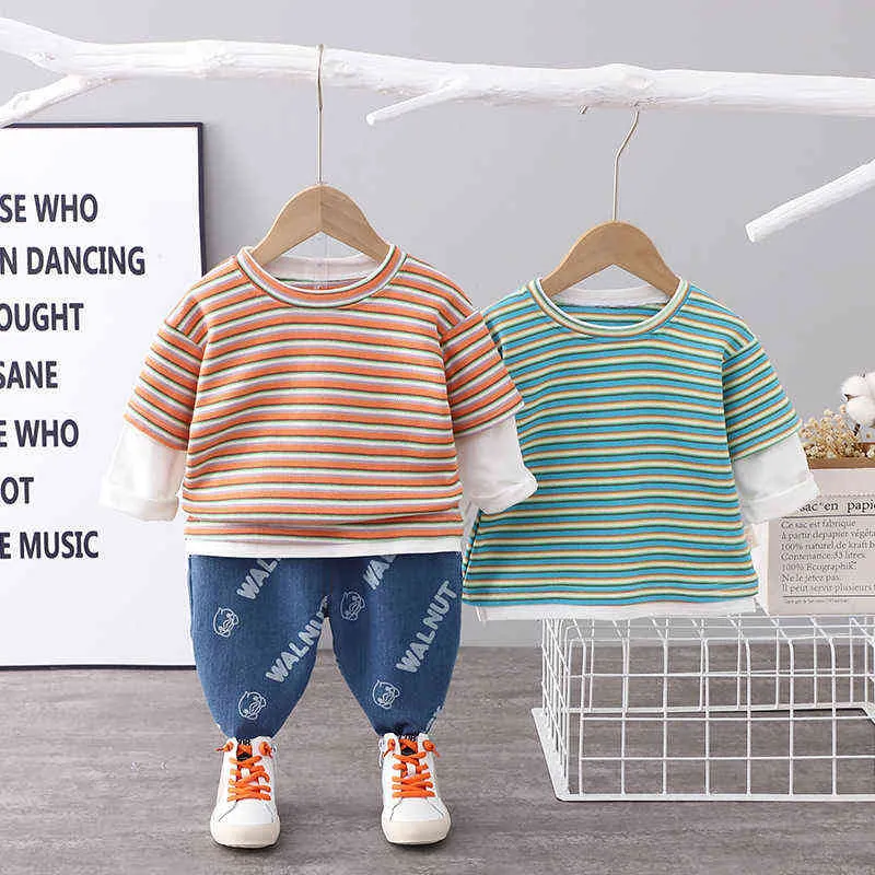 Spring Autumn Baby Boys Clothing Set 2021 New Fashion Kids Striped Patchwork T-Shirt Denim Pants Toddler Girls Clothes Outfits G220509