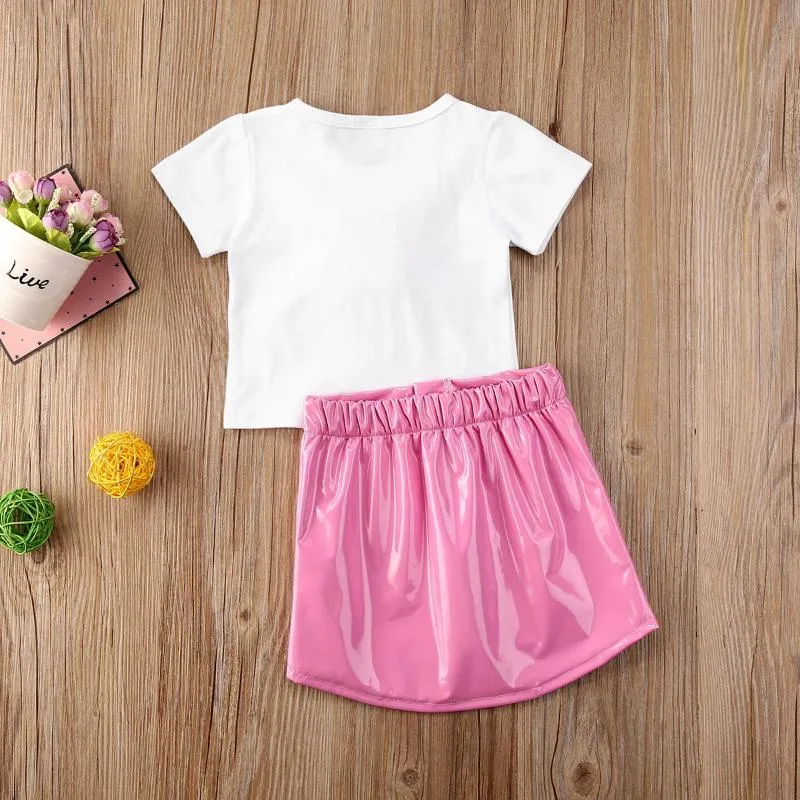 Ensembles de vêtements 1-5Y été mignon enfant en bas âge bébé filles vêtements à manches courtes imprimé t-shirts hauts + jupes en cuir PU rose