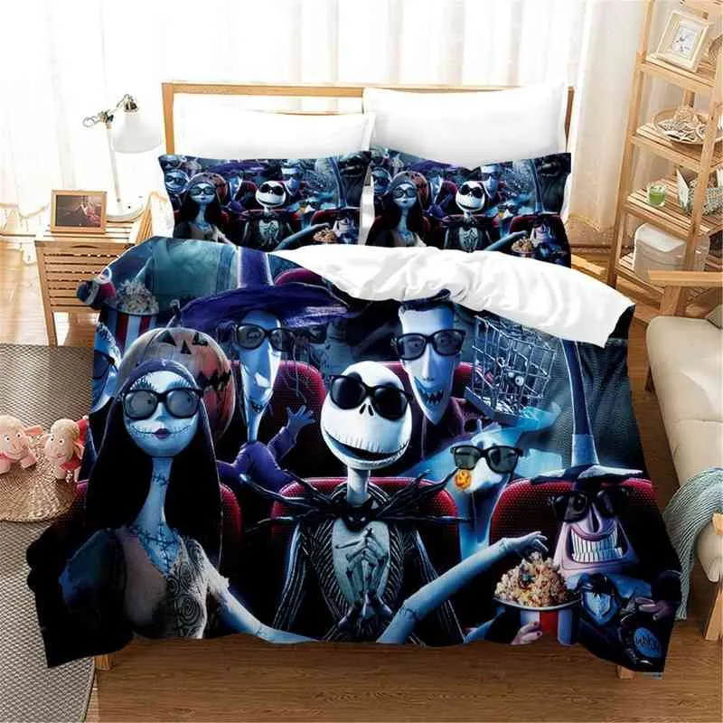 Nightmare Before Christmas Duvet Cover Set Jack and Sally Lover Twin Bedding Halloween Theme Queen King Size Quilt