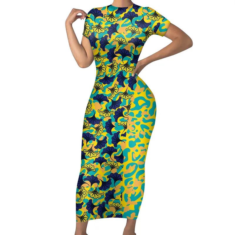 تصميم البولينيزيان القبلي التصميم السيدات الصيف الضيق فستان مخصص تصميم الأزرق مع زهور الكركديه 220706