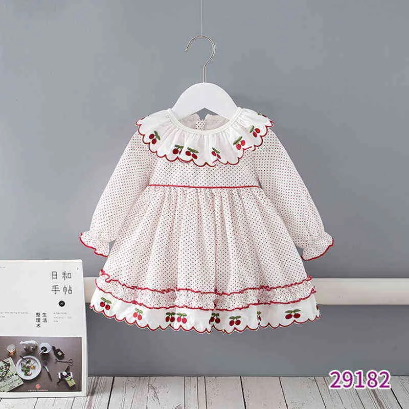 Spring Family Matching Sisterkläder Långärmar Dot Cherry Romper+Princess Baby Dress Twins Söta kläder kläder E9192