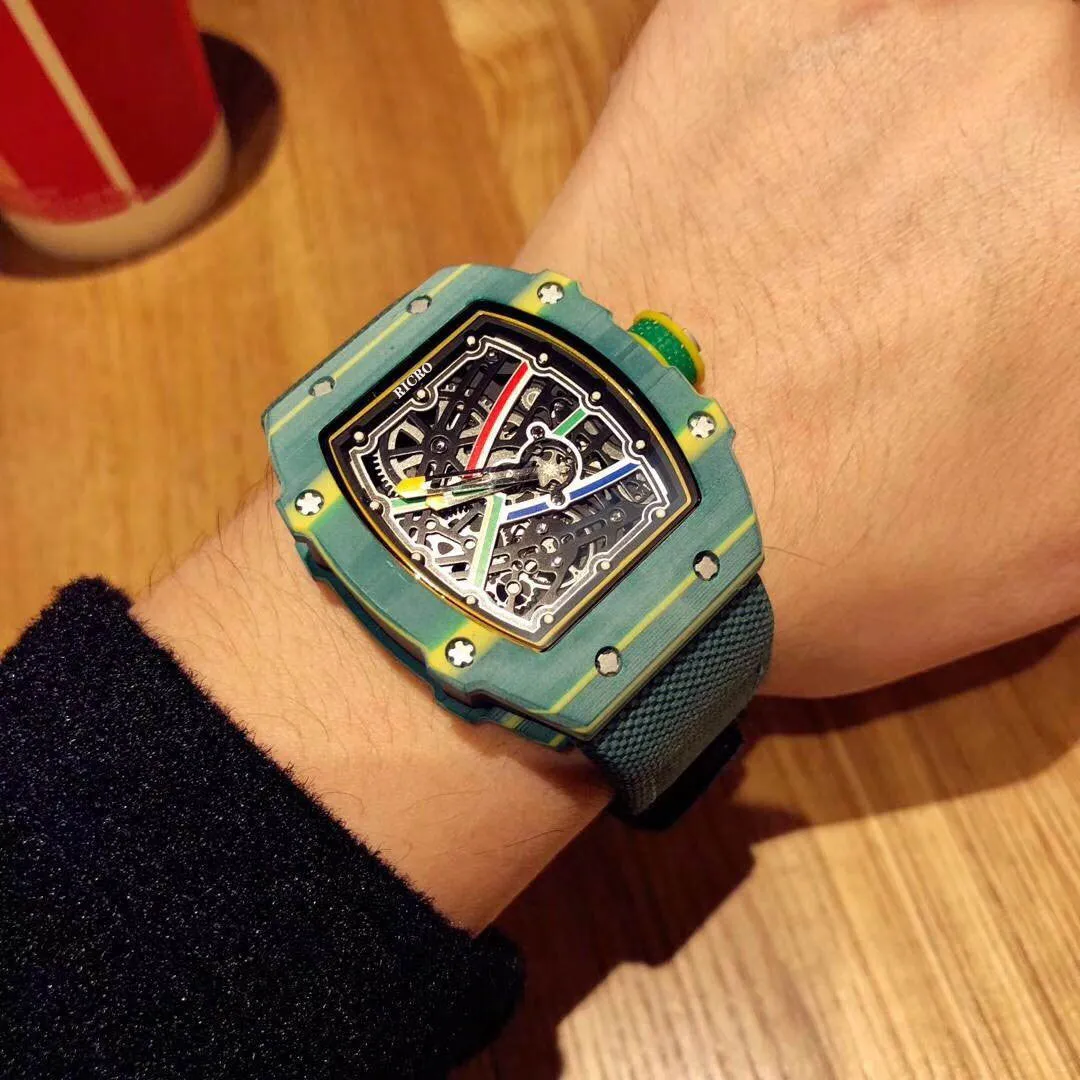 Relógio masculino de alta qualidade, material de fibra de carbono, 48 centímetros de tamanho com pulseira elástica de náilon característica mechan263v masculino