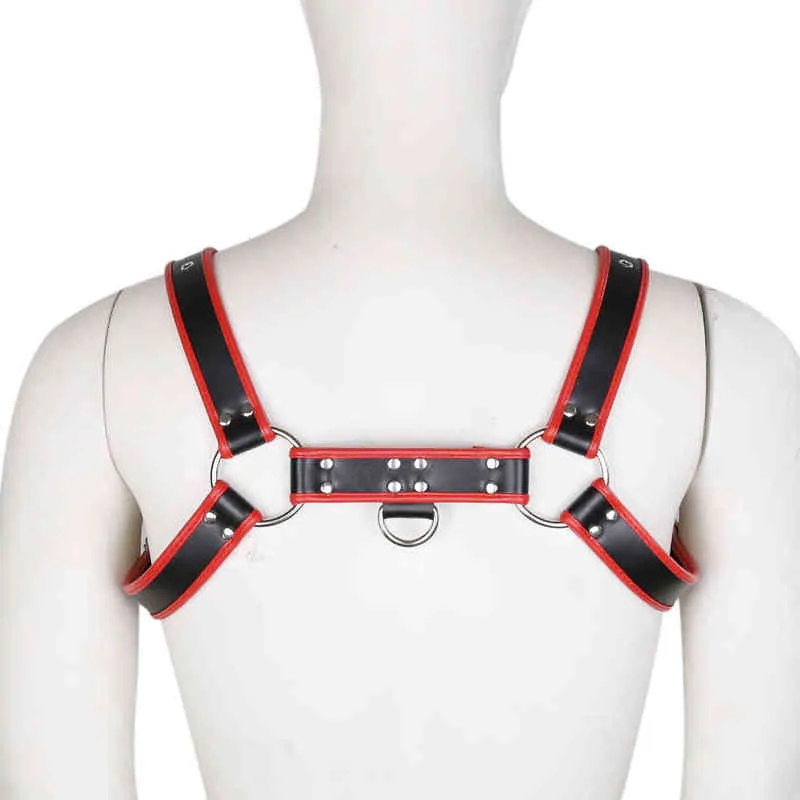 Nxy Sm Bondage Nouveau Rouge Noir Réglable Fétiche Corps Poitrine Costume Sexy Esclave En Cuir Harnais Contraintes Jeu De Rôle Flirter pour Gay Hommes 220423