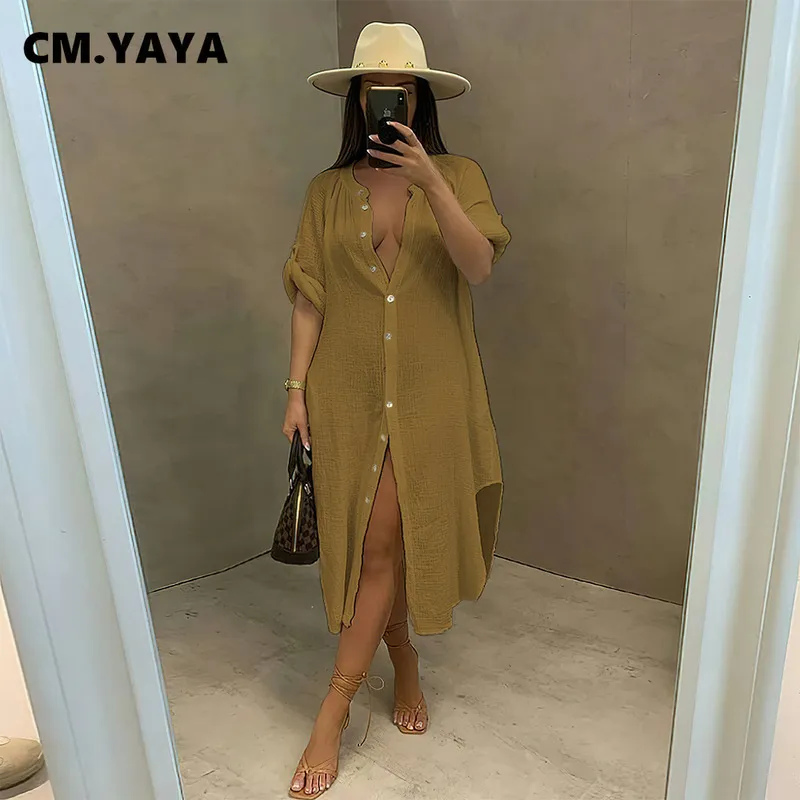 CM.YAYA Women Solid Button Up Elegant Blouse and Shirt Style Dress 220516