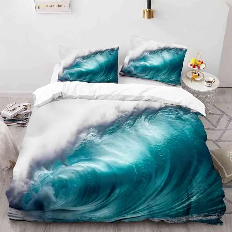 Set copripiumino da spiaggia estivo King Full Ocean Bedding Palme hawaiane Vita marina Onde marine Pesci stampati Piumino