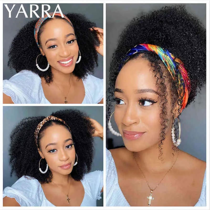Hoofdband Wig Human Hair Afro kinky krullende gluess Braziliaanse Remy sjaalpruiken voor zwarte vrouwen 150% Yarra 220609