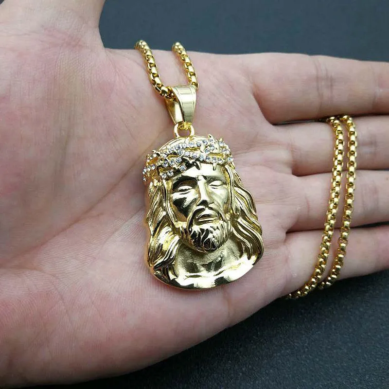 Collane con ciondolo Hip Hop Strass Pavimentato Bling Iced Out Colore oro Acciaio inossidabile JESUS PIECE Collana con pendenti uomo Rapper234f