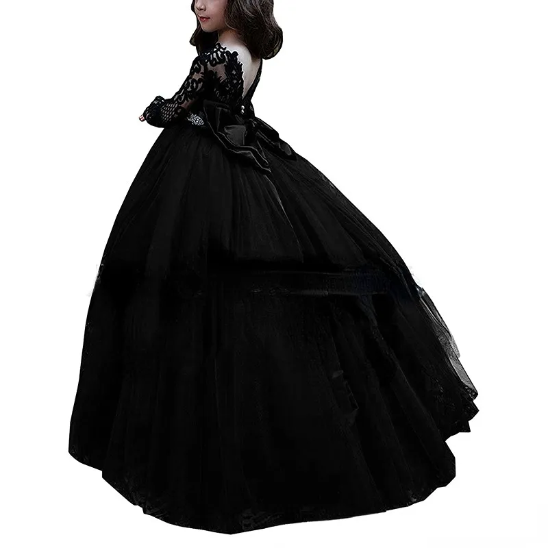 2022 Black Flower Girls Robes Sheer Jewel Neck Necl Sans manches Appliques en dentelle en tulle Girl Gowns Robes de princesse d'anniversaire Robes avec Big Arc