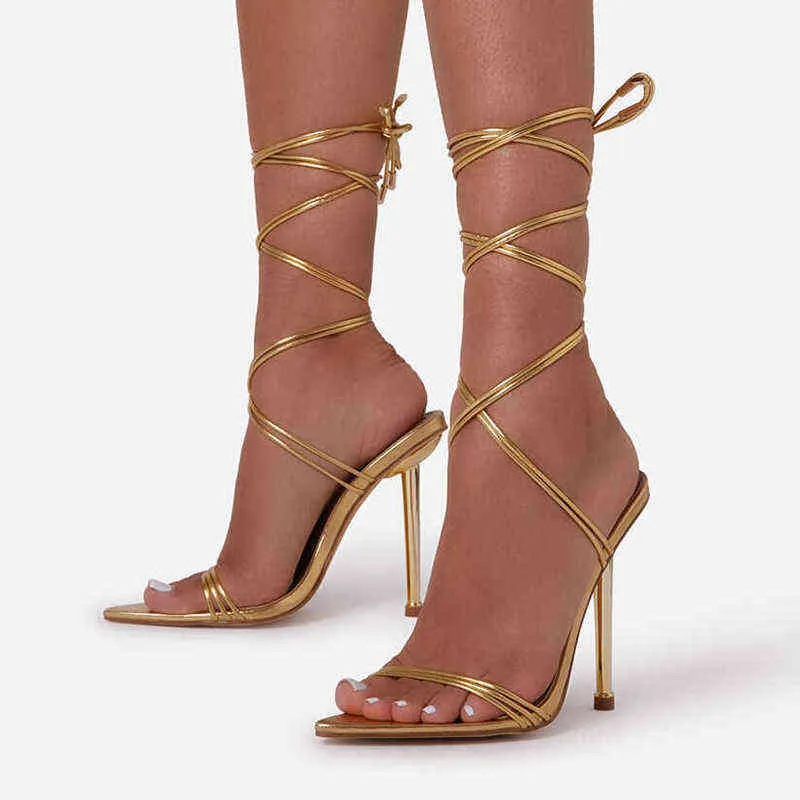 Sandals Pzilae Shoes Women Gladiator Pumps Sexy Pointed Toe Metal High Heels Ladies Party Wedding Gold Red Big Size 3542 220704