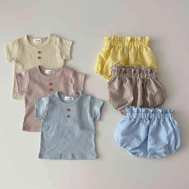 Nouveau-né bébé coréen vêtements ensemble infantile fille solide côtelé t-shirt + plaid shorts costume enfants vêtements d'été pour 0-2 ans bébé vêtements G220509