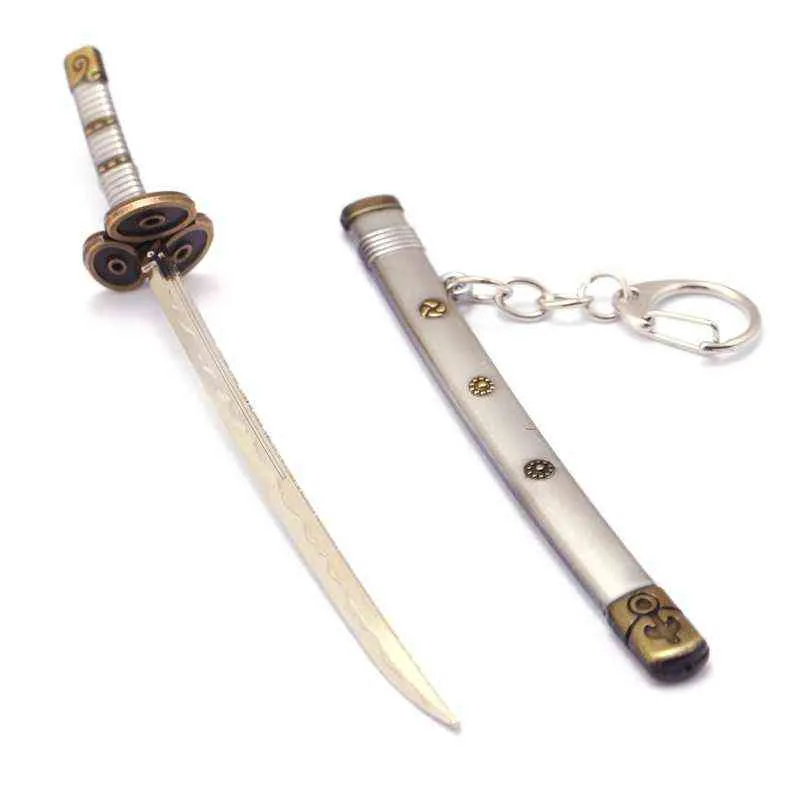 Anime One Piece Снежный нож брелок Zoro Sword Metal Keyrings Подвески Автомобильные Цепочки Ключ Косплей Аксессуары Рисунок подарок AA220318