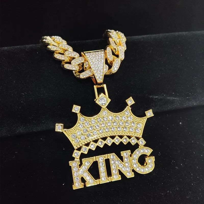 1m Küba Zinciri ile Erkek Hip Hop Crown King Kolye Kolye Kolye Buzlu Bling Bling Colnlac Moda Cazibesi Takı 319V