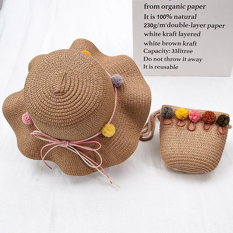 Girl kids Cute casual straw hat handbag sets Child baby Outdoor travel holiday beach floppy bags set flower sun cap panama 220630