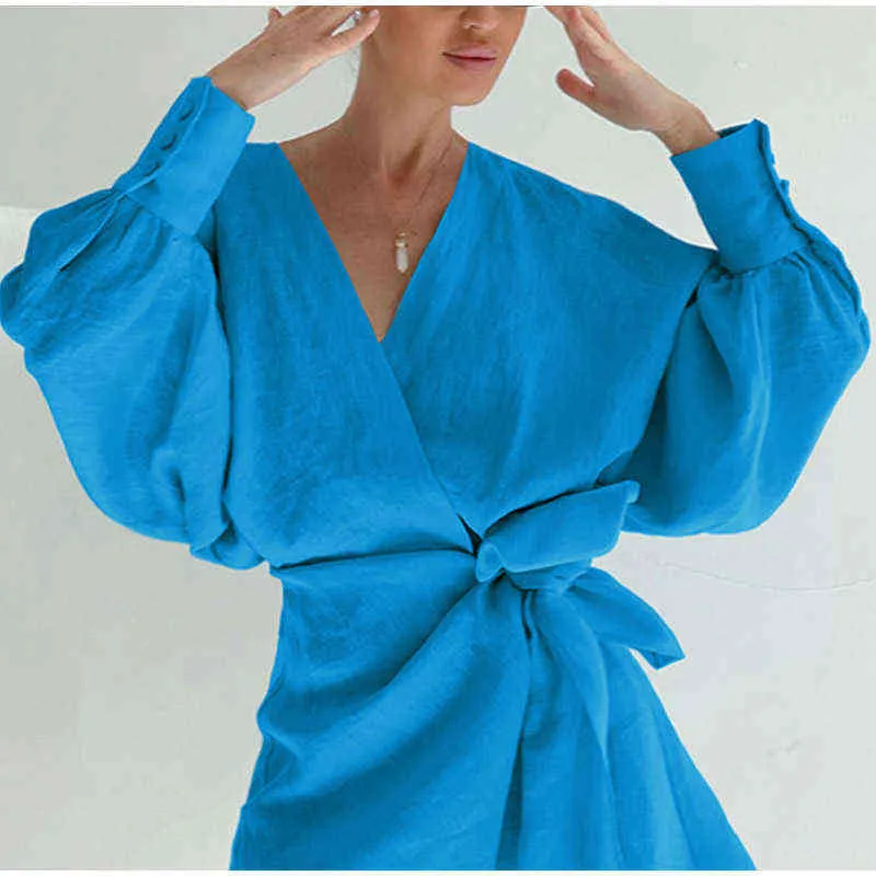 Kadınlar keten pamuk düz renkli orta uzunlukta fener kollu elbise 2022 yaz yeni ışık nefes alabilen düzensiz dantel yukarı mini robe t220816