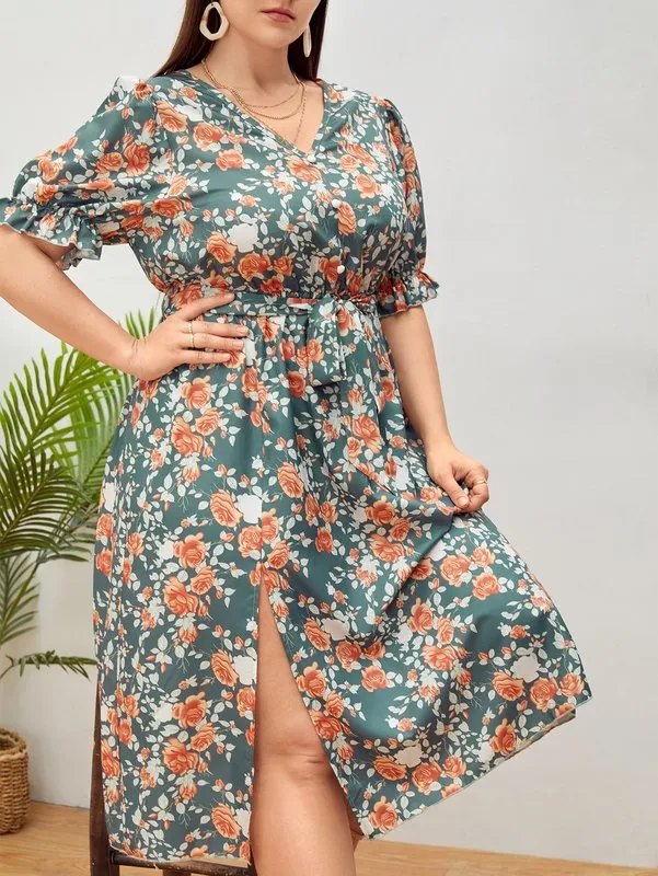 Summer Plus Size Stampa floreale Tie Front Strap Dres Boho Beach Casual Summer Slim Fit Abiti aderenti 220527