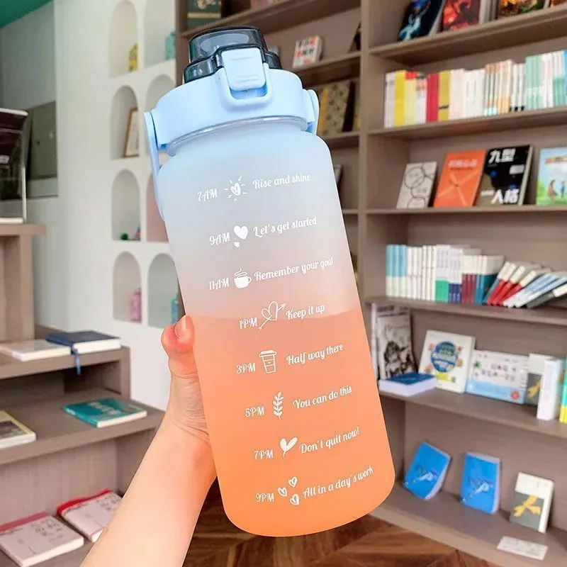 2L Large Capacity Water Bottle With Bounce Cover Time Scale Reminder Frosted Cup Cute Stickers For Outdoor Sports Fitness 220329