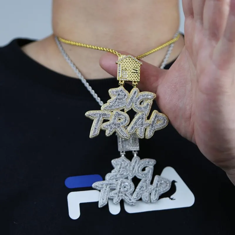 Correntes Iced Out Bling 5A Zircão Cúbico Completa Pavimentada Grande Armadilha Casa Pingente Colar Hip Hop Dois Tons Cor Banhado Homens Cool JewelryCha262F