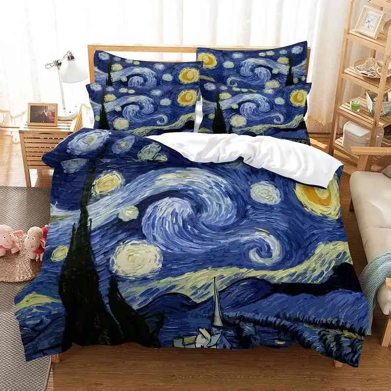 Yağlı Boya Van Gogh Yıldız Gökyüzü Yatak Seti Kraliçe Kral Kral Krallık Yatak Odası Dekor Yorgan Kapağı Yastık Kılıfı 2/Yatak Keten Ev Tekstil