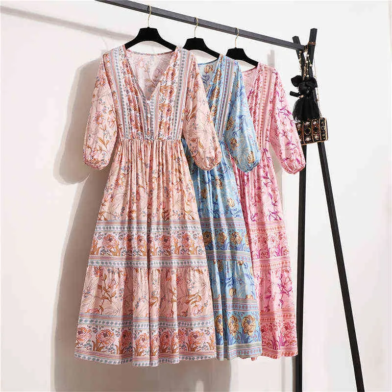 Safari Dream Bohemian Midi Dress / Blush Floral Print Cocktail Party Dresses | Boho Chase the Sun Dresses for Women -3/4 Sleeves G220510