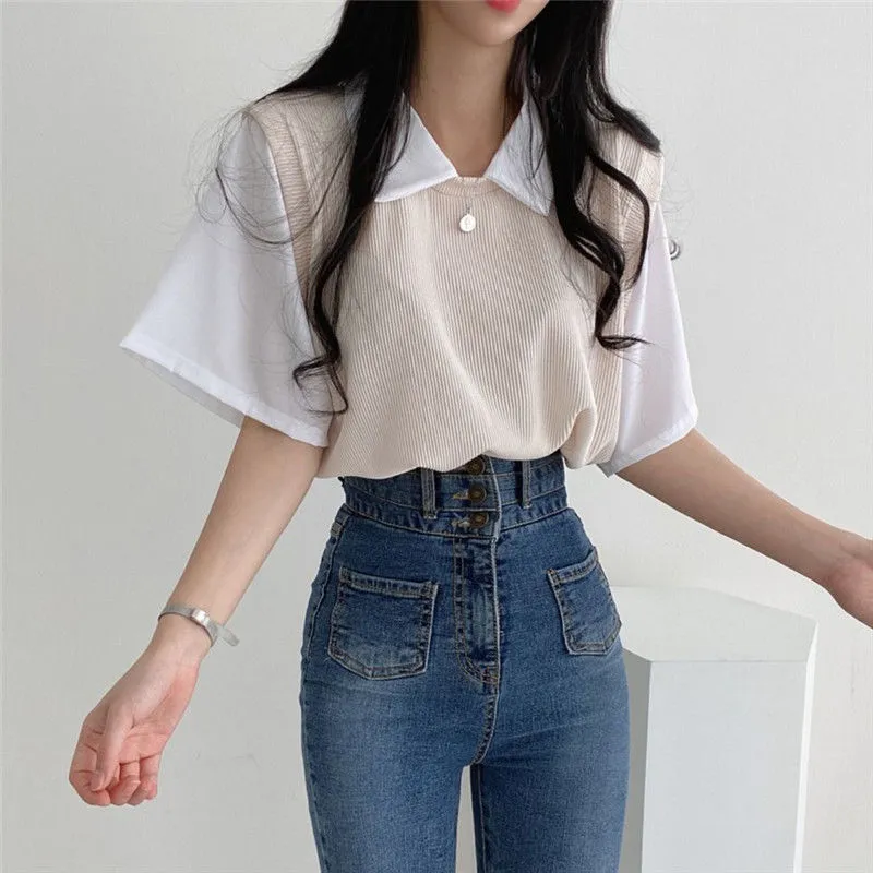 Yasuk Summer Fashion Woman Casual Tshirts Pullover Women Women Slim Loose Tees Top Fake Two Piece Suit Allmatch Student fofo 220527