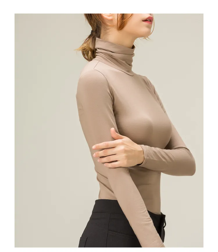 100% cotton long sleeve Solid Turtleneck t-shirt women high stretch slim tops spring autumn skinny Basic Bottoming tshirt tight 220328