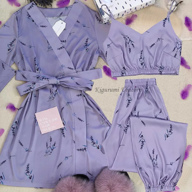 Satin Silk Pajamas Set Women Strap Top Pants Floral Printed Sleepwear Autumn Pyjamas Home Wear Nightwear Robe Gown SXXL 220712