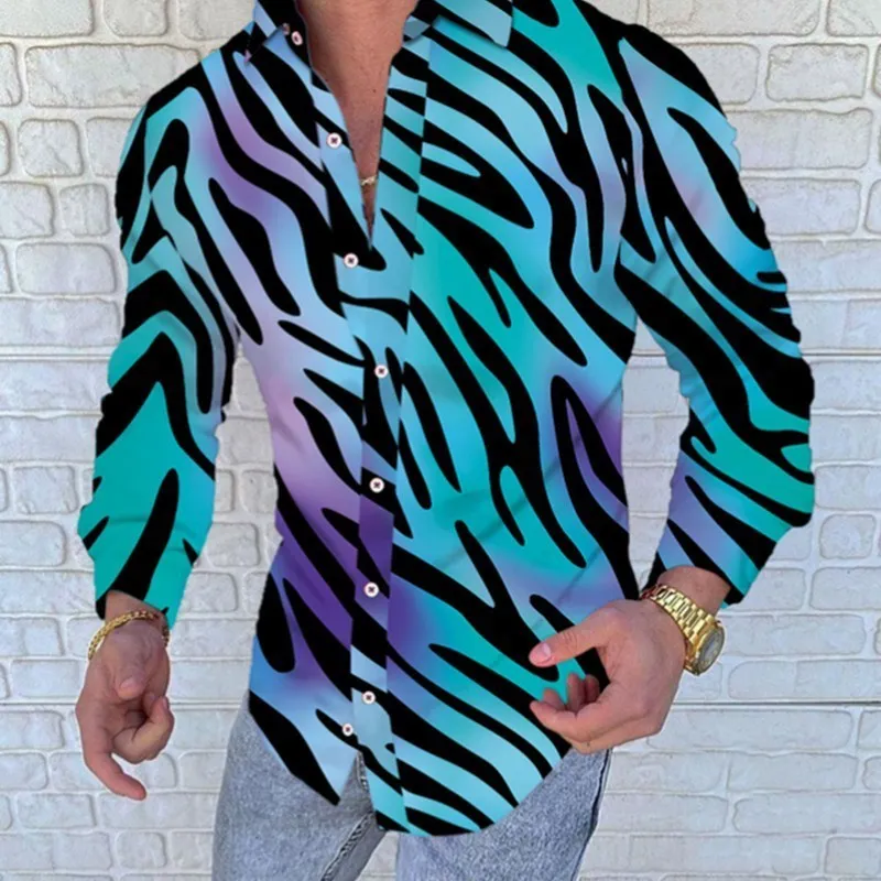 Sommar Loose Sleeve Oversize Tröja Män Leopard Tiger Skriv ut Lapel Neck Button Up Blouse Streetwear Sexiga T Shirts 220322