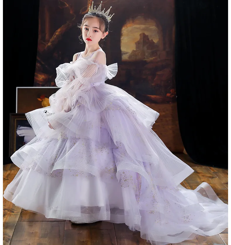 2023 Lovey Holy Lace Princess Flower Girl Dresses Ball Gown First Holy Communion Dresses For Girls Long Tail Tulle Toddler Pageant Dresses