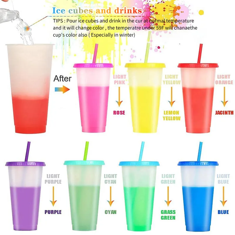 7 pezzi riutilizzabili bicchieri cambia colore 7 pezzi bicchiere da viaggio bevande fredde con coperchio in paglia party 220509