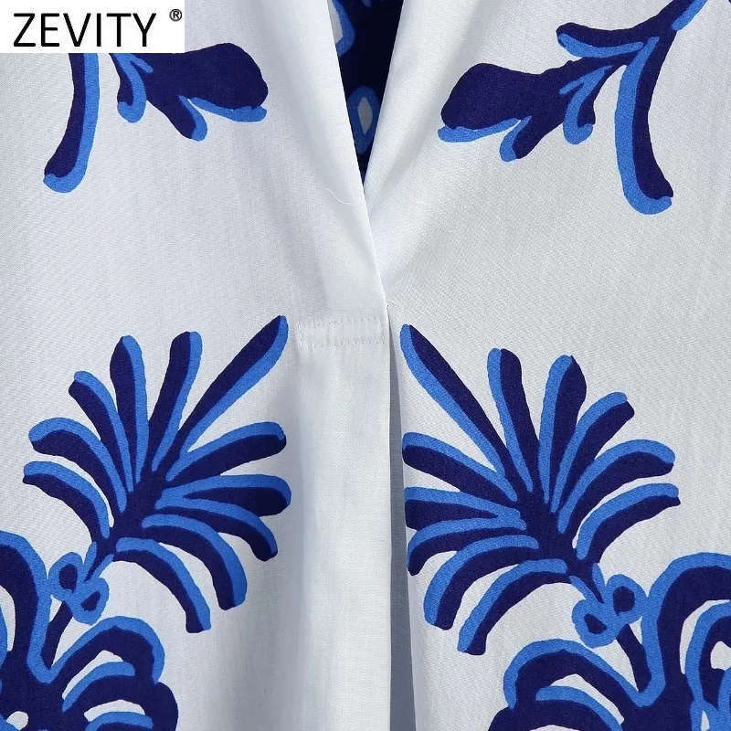 Zevity Women Vintage Blue Totem Floral Print Smock Blouse Office Ladies Business Casual Shirt Chic Loose Blusas Tops LS9468 220407