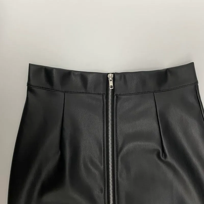REALEFT Women Black PU Leather Pencil Wrap Skirts Autumn Winter High Waist Zipper Front Split Sheath Long Female 220401