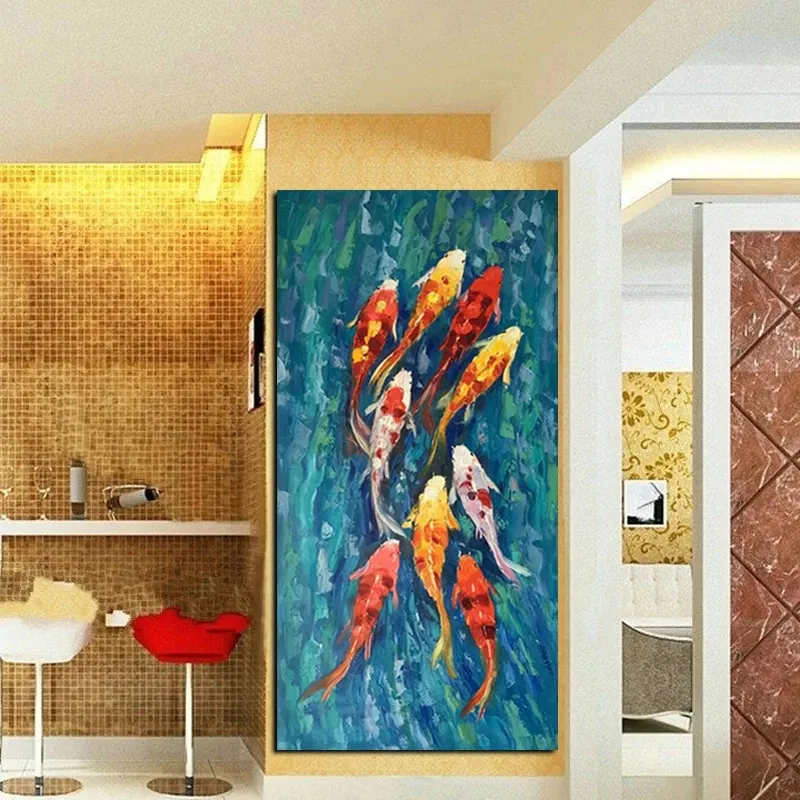中国のナインコイフィールドウォールアートキャンバス絵画ランドスケープキャンバスのポスターとリビングルームの装飾のためのプリントの抽象油絵