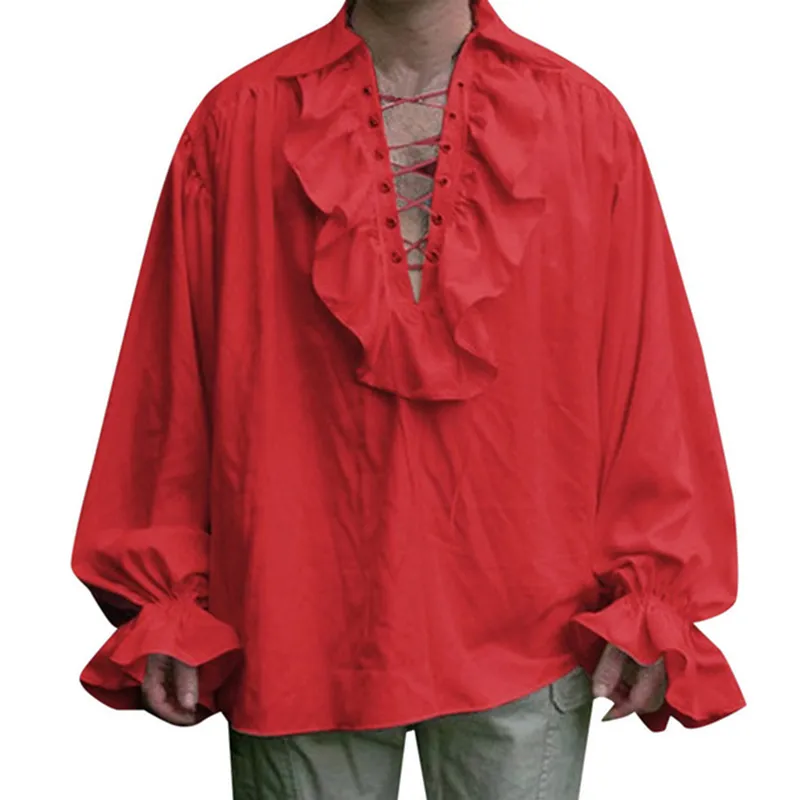 Heren Renaissance kostuum gegolfde lange mouwen Lace Up middeleeuwse Steampunk piraat shirt cosplay prins drama toneelkostuum tops 220812