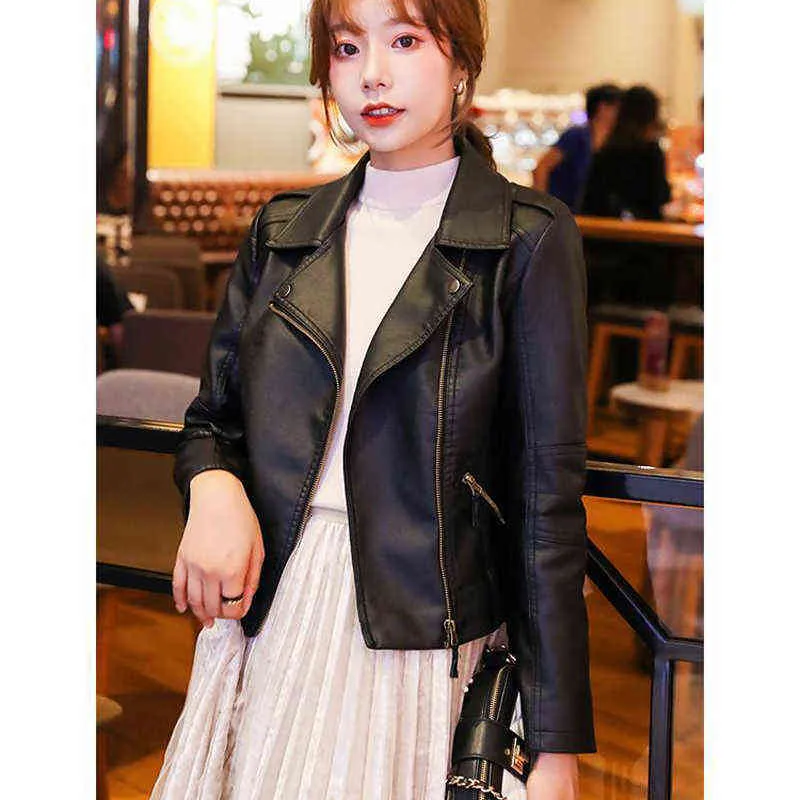 Turn-down Collar PU faux leather jackets women luxury jacket black pink biker coat L220801