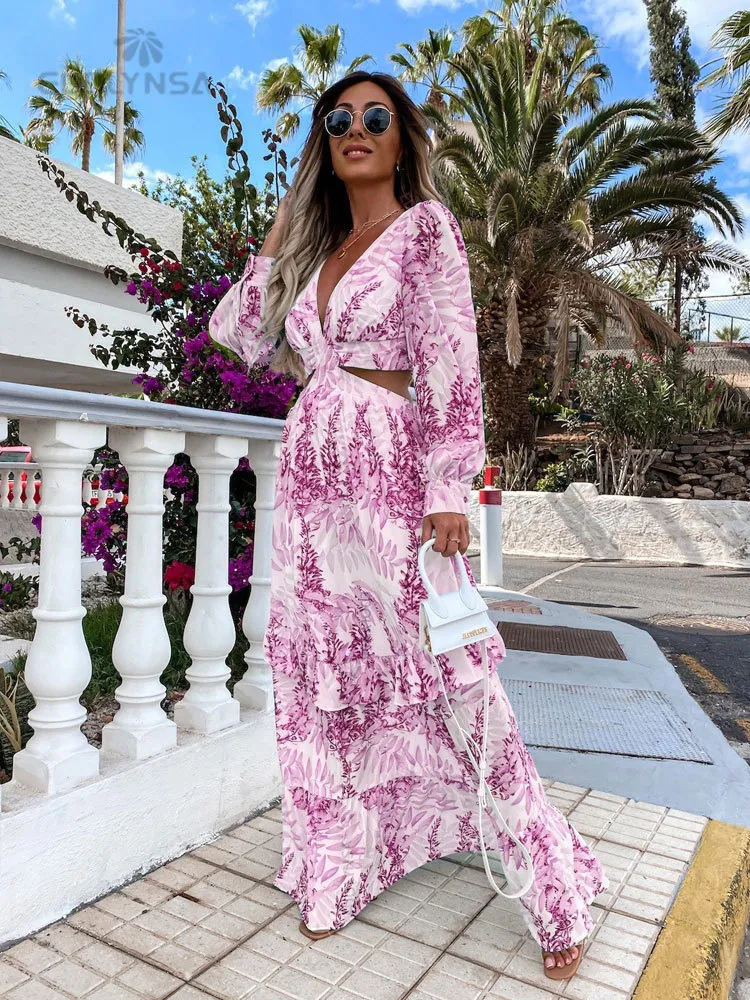 Summer Women Sexy Maxi Dress V Neck Backless Hollow Out Lantern Sleeve Club Party Long Dresses Female Tunic Beach Cover Up 220510