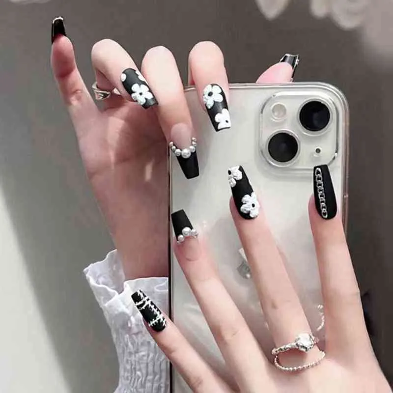 False Nails Black French Floral Pearl Art Butterfly Wearable Ballerina Fake Full Cover Tips Press on 0616