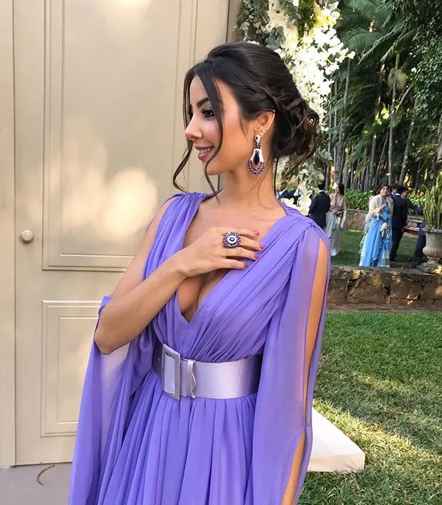 Designer Fashion Arabic Dubai Exquisite Purple Prom Dresses Deep V Neck Long Sleeve Formal Evening Dress Elegant klänningar Robes de Mariee