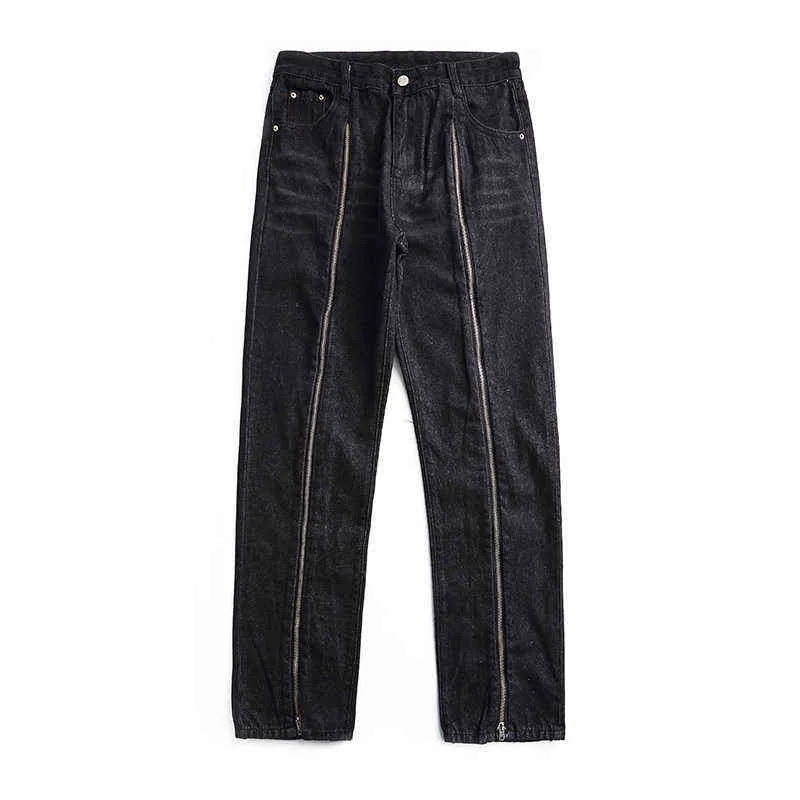 Front Long Zipper Checkered Patchwork Streetwear Retro Mens Jeans tvättade rakt överdimensionerade rippade casual denimbyxor T220803