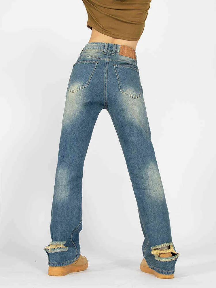 Bottom of Pant perna Jeans Ripped Jeans Summer Summer Novo estilo Retro Street Lose e Fin Neutro Neutro Straight calça jeans fêmea T220728