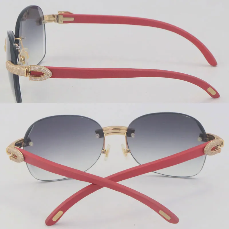 New Micro-paved Diamond Set Rimless Red Wooden Womans Sunglasses Wood Rocks Frame Male and Female Sun Glasses Mens 18K Gold C Deco239C