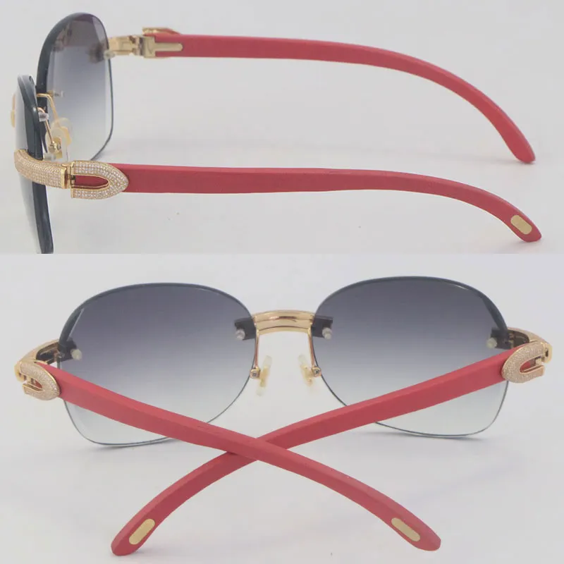 Nuevo conjunto de diamantes micropavimentados sin montura gafas de sol de madera rojas para mujer Marco de rocas de madera Gafas de sol masculinas y femeninas para hombre Oro de 18 quilates C Deco3028