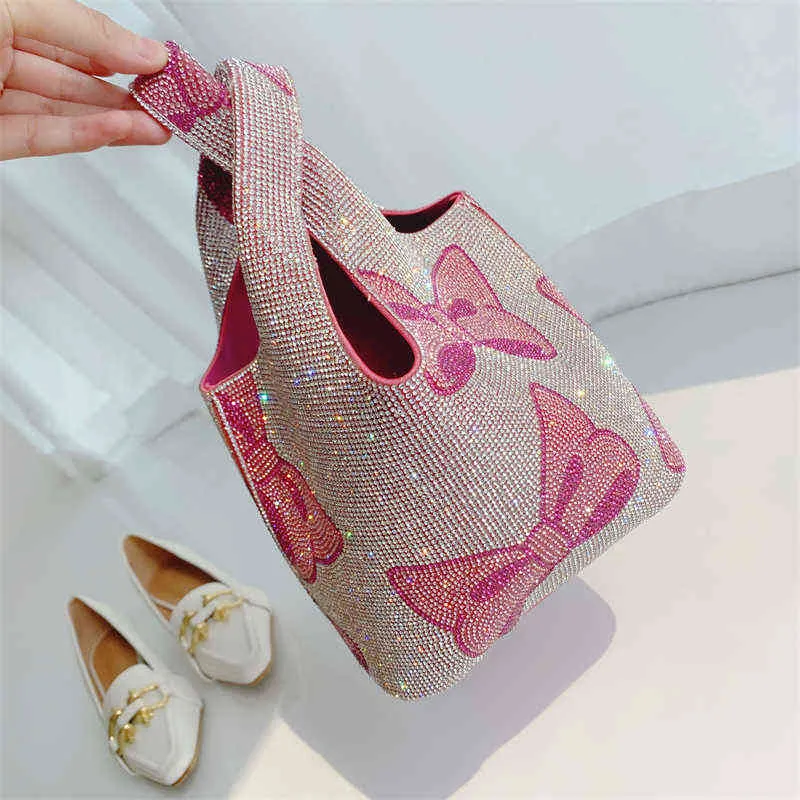 패션 디자인 컬러 보우 다이아몬드 모조 다이아몬드 버킷 가방 여성 핸드백 블링 반짝이는 저녁 클러치 지갑 암컷 어깨 220516